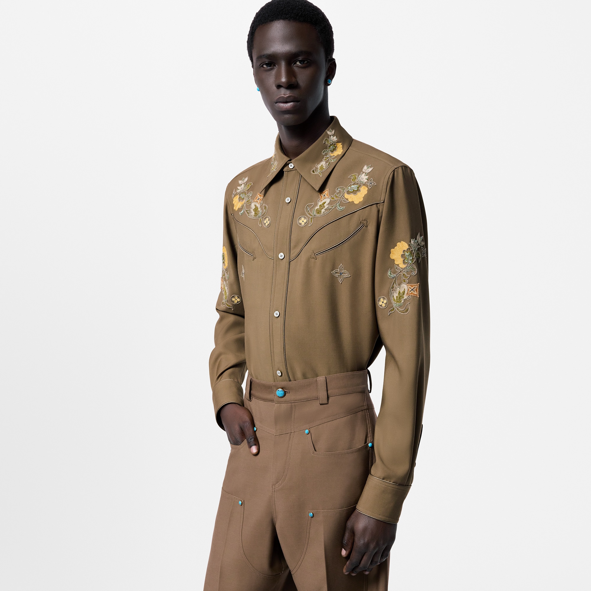 Embroidered Long-Sleeved Wool Shirt  in Men