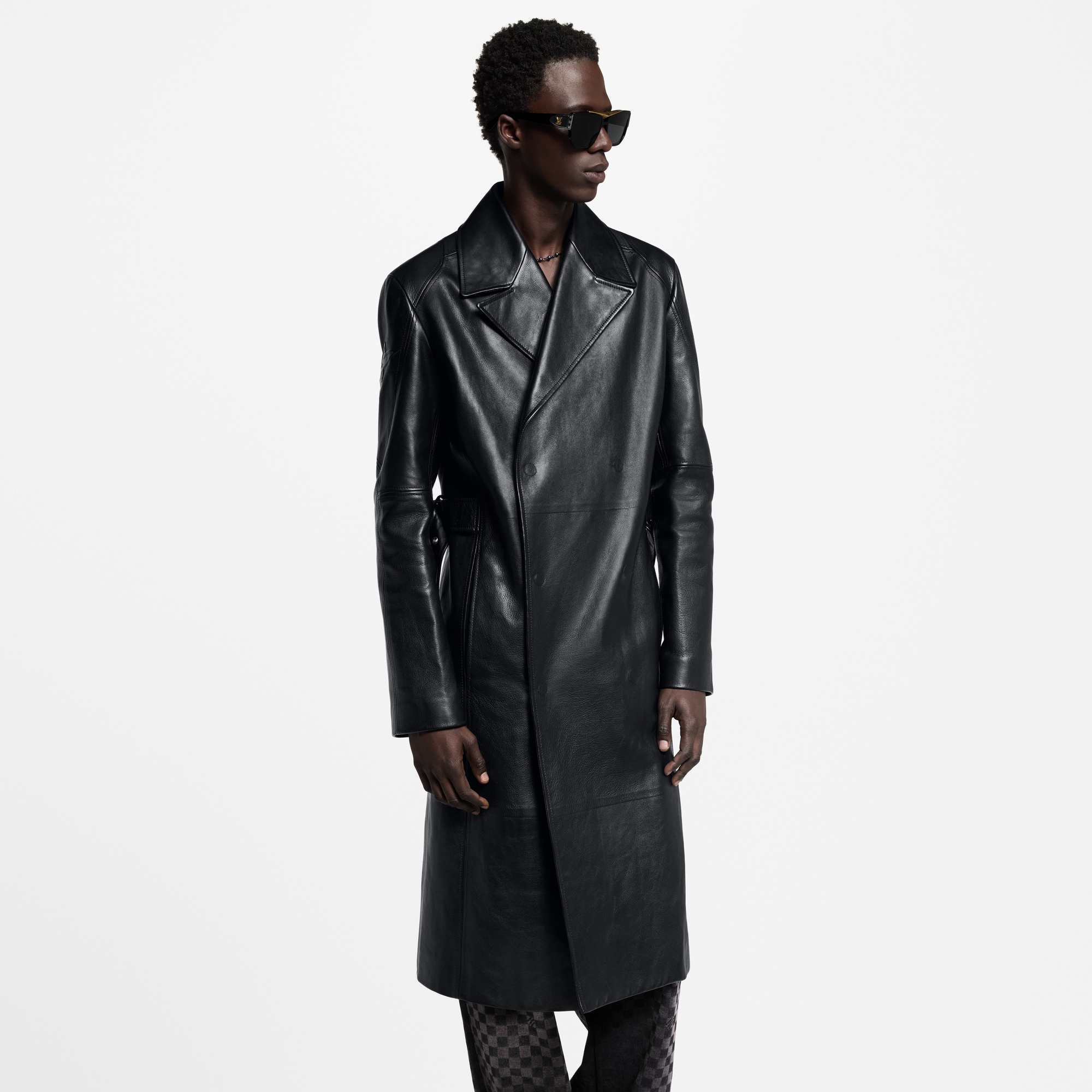 Leather Double-Breasted Coat  in Men