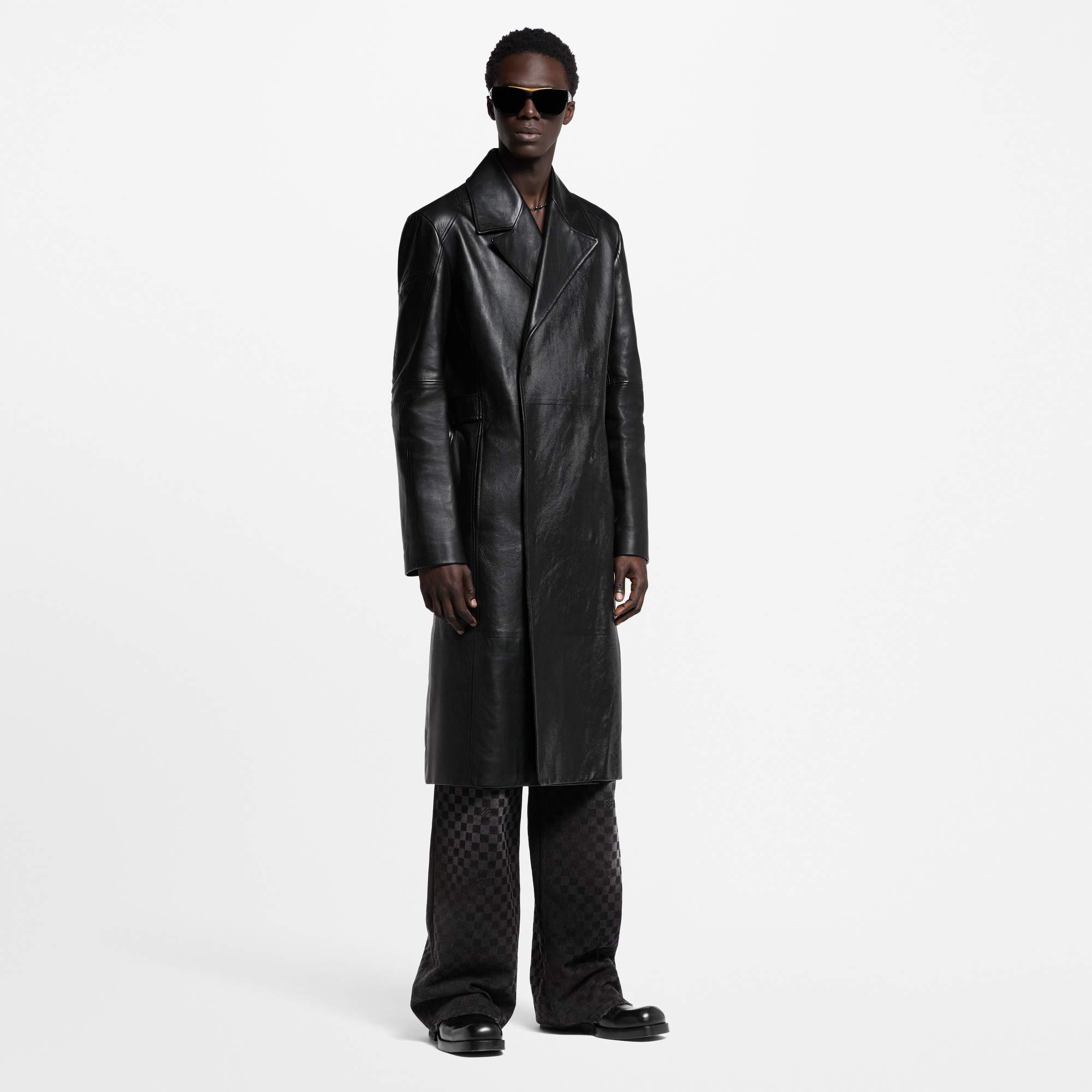 Leather Double-Breasted Coat  in Men
