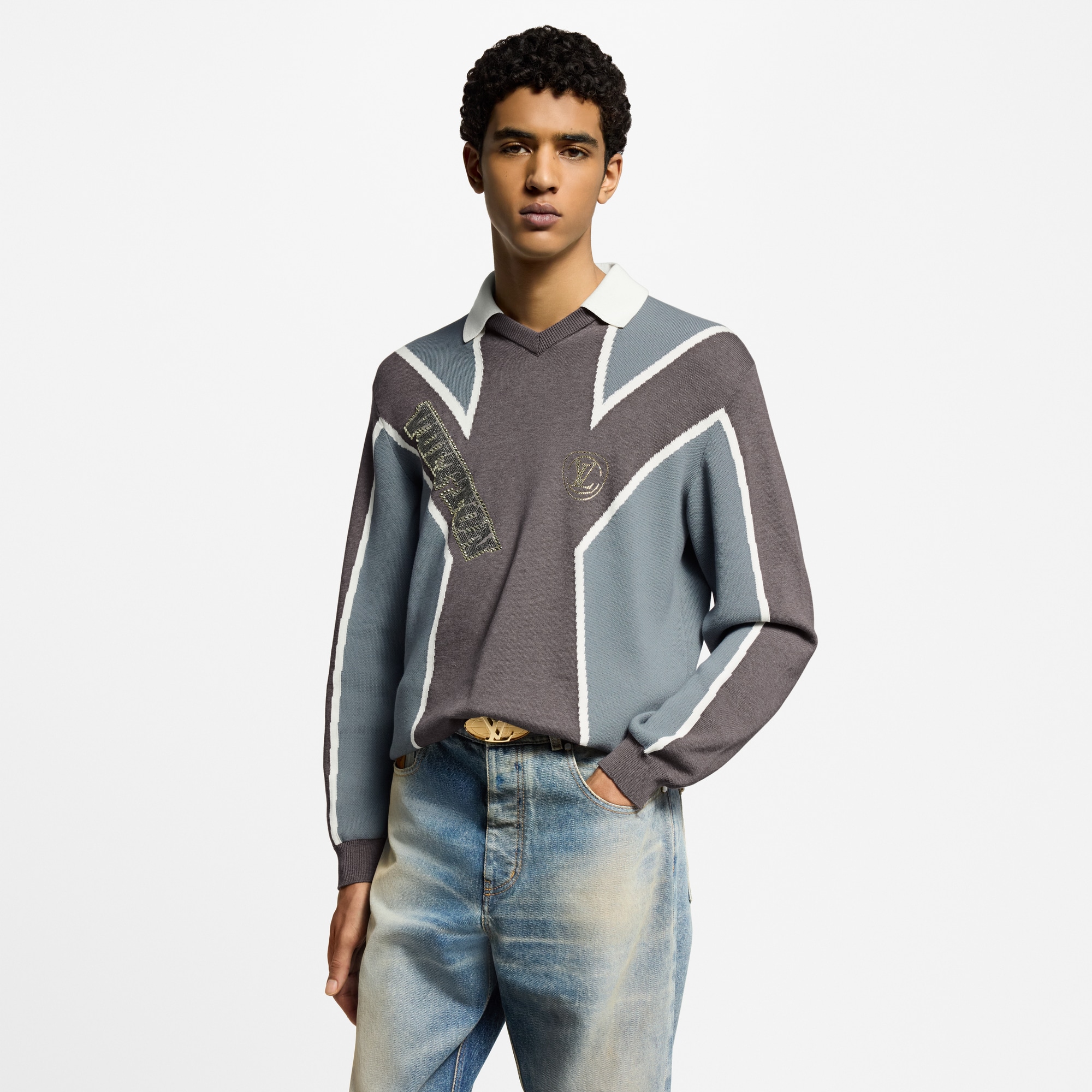 Long-Sleeved Cotton Intarsia Soccer Top  in Men