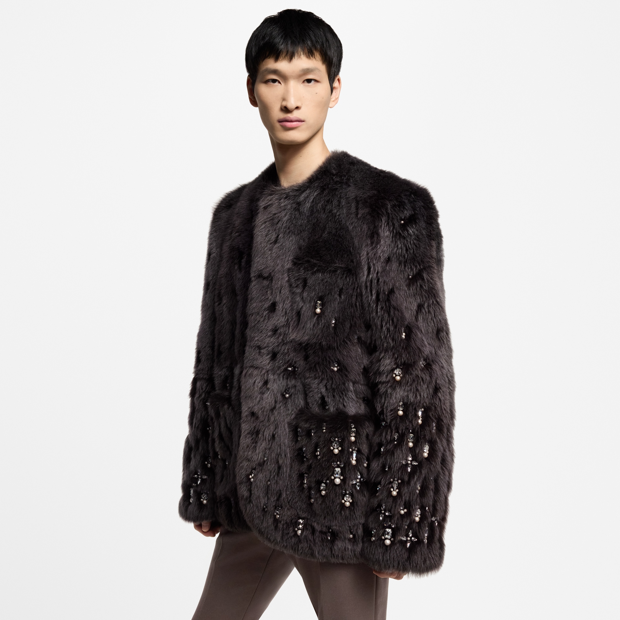 Made To Order Embellished Shearling Collarless Jacket  in Men