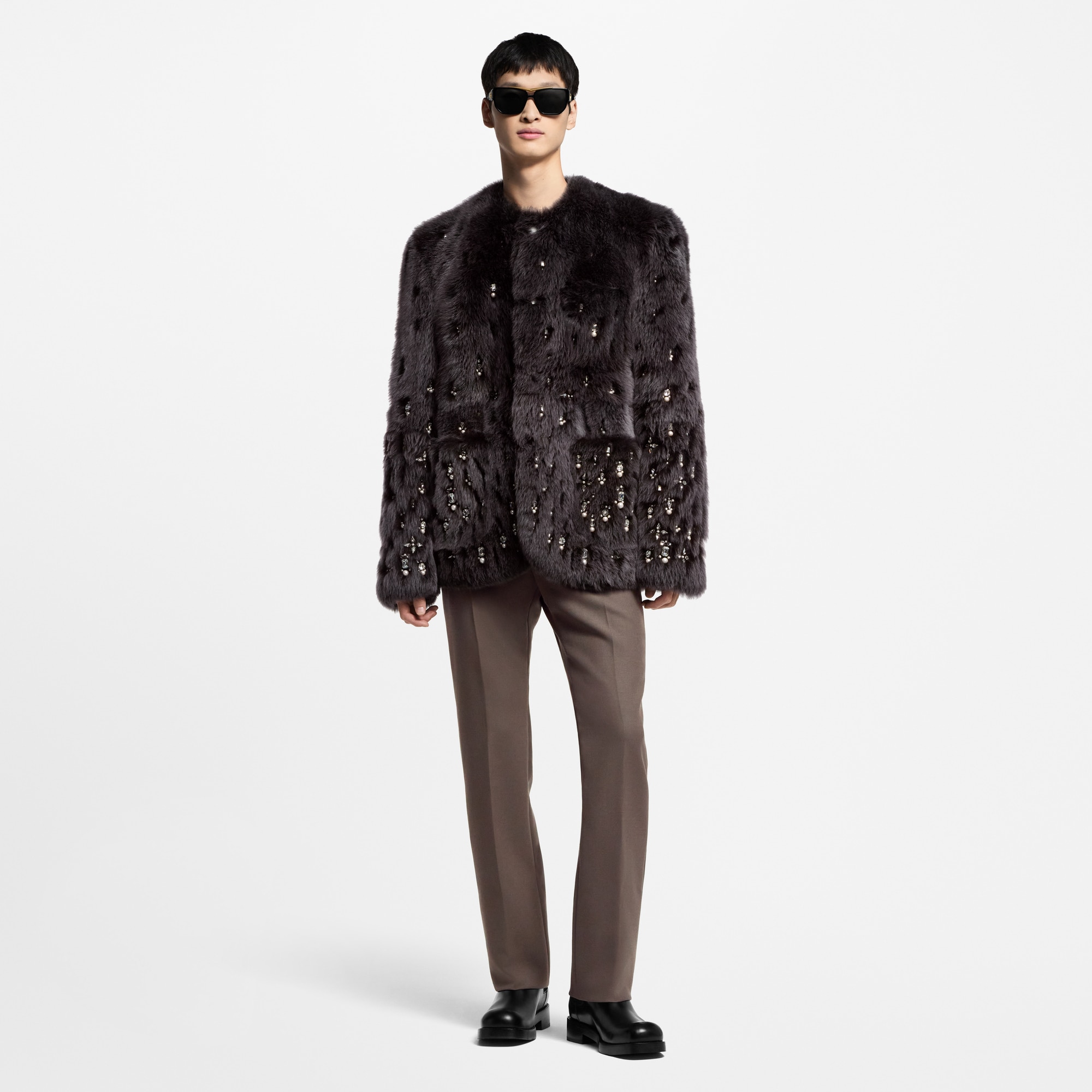 Made To Order Embellished Shearling Collarless Jacket  in Men