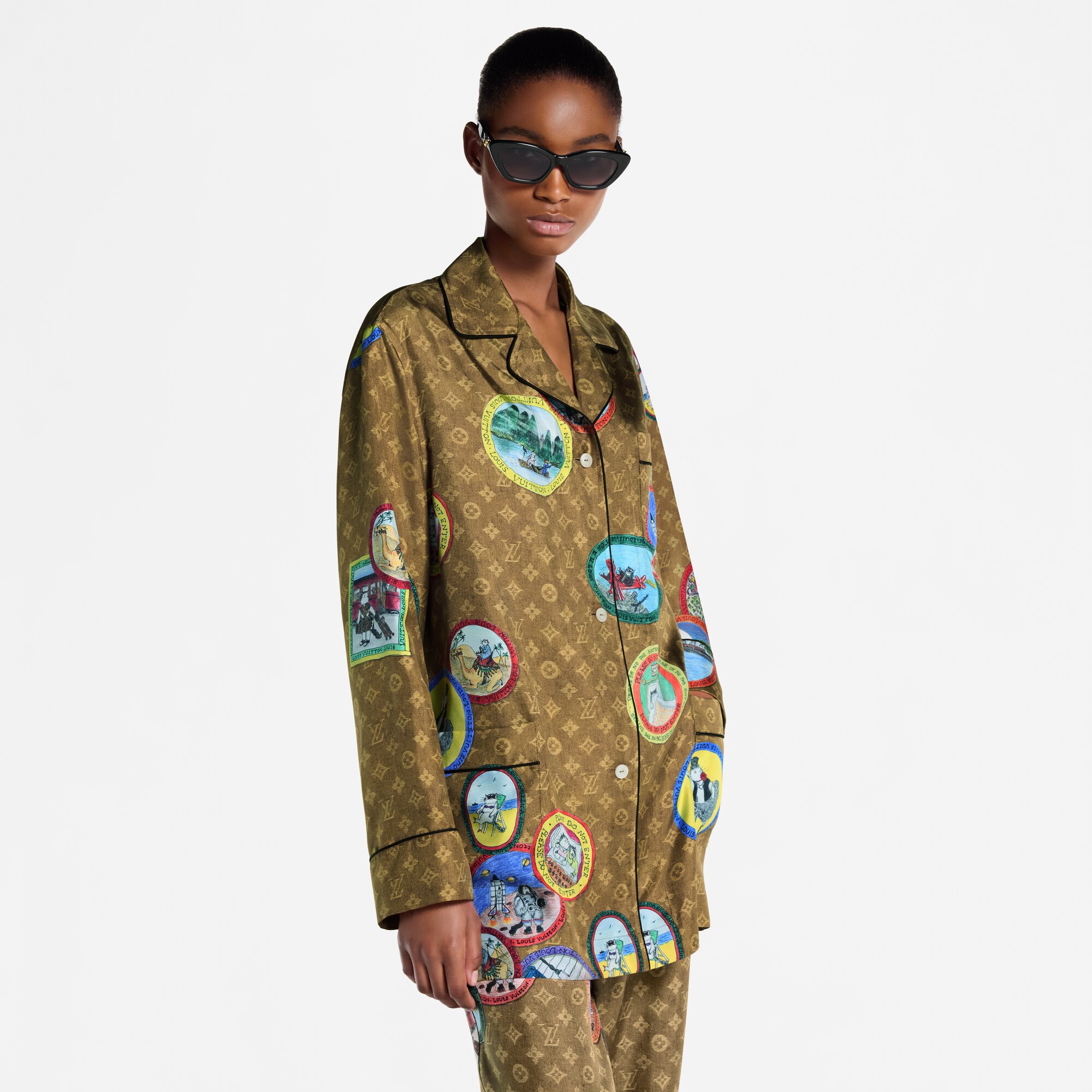 Monogram Cat Stamp Pajama Shirt  in Women