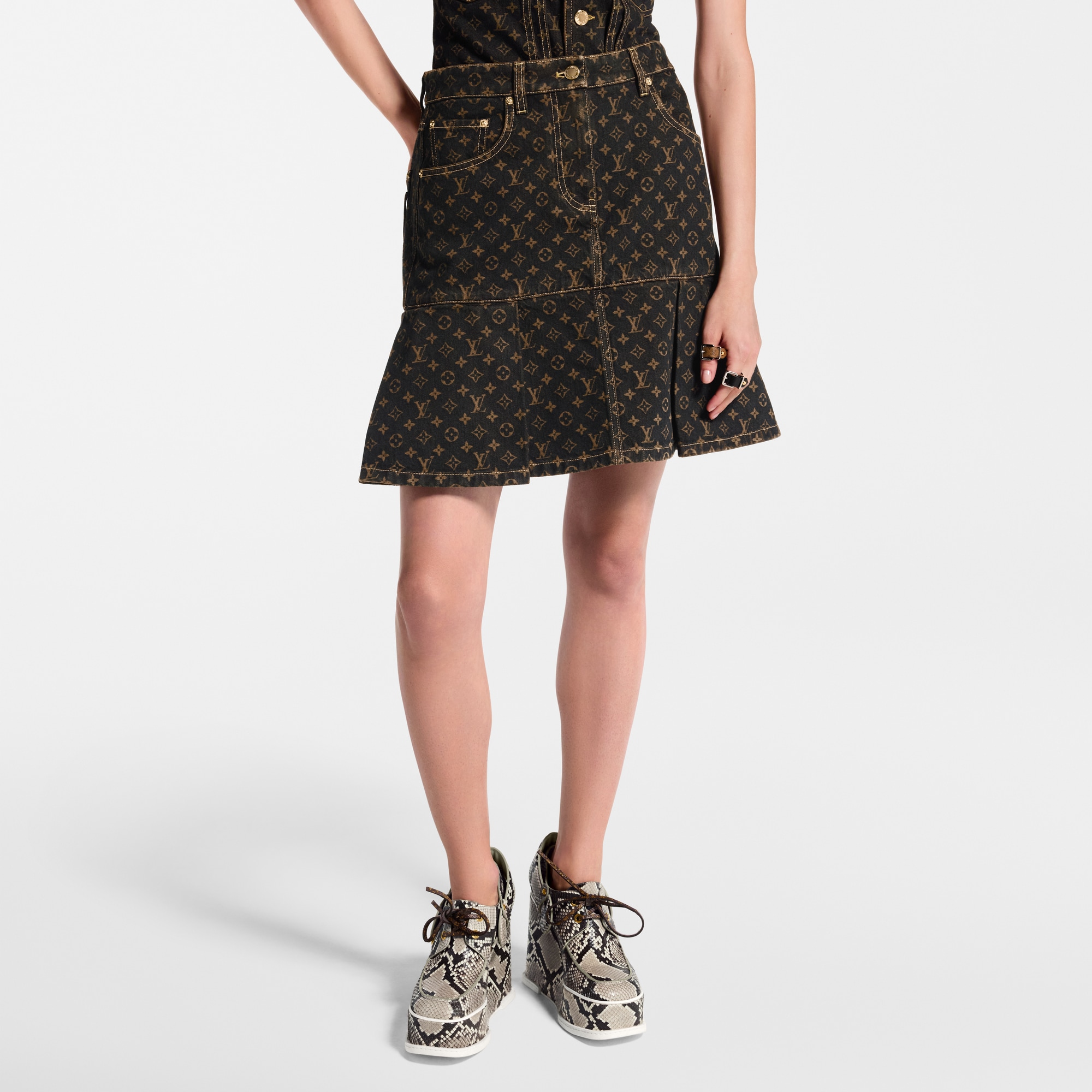 Monogram Denim Pleat Skirt  in Women
