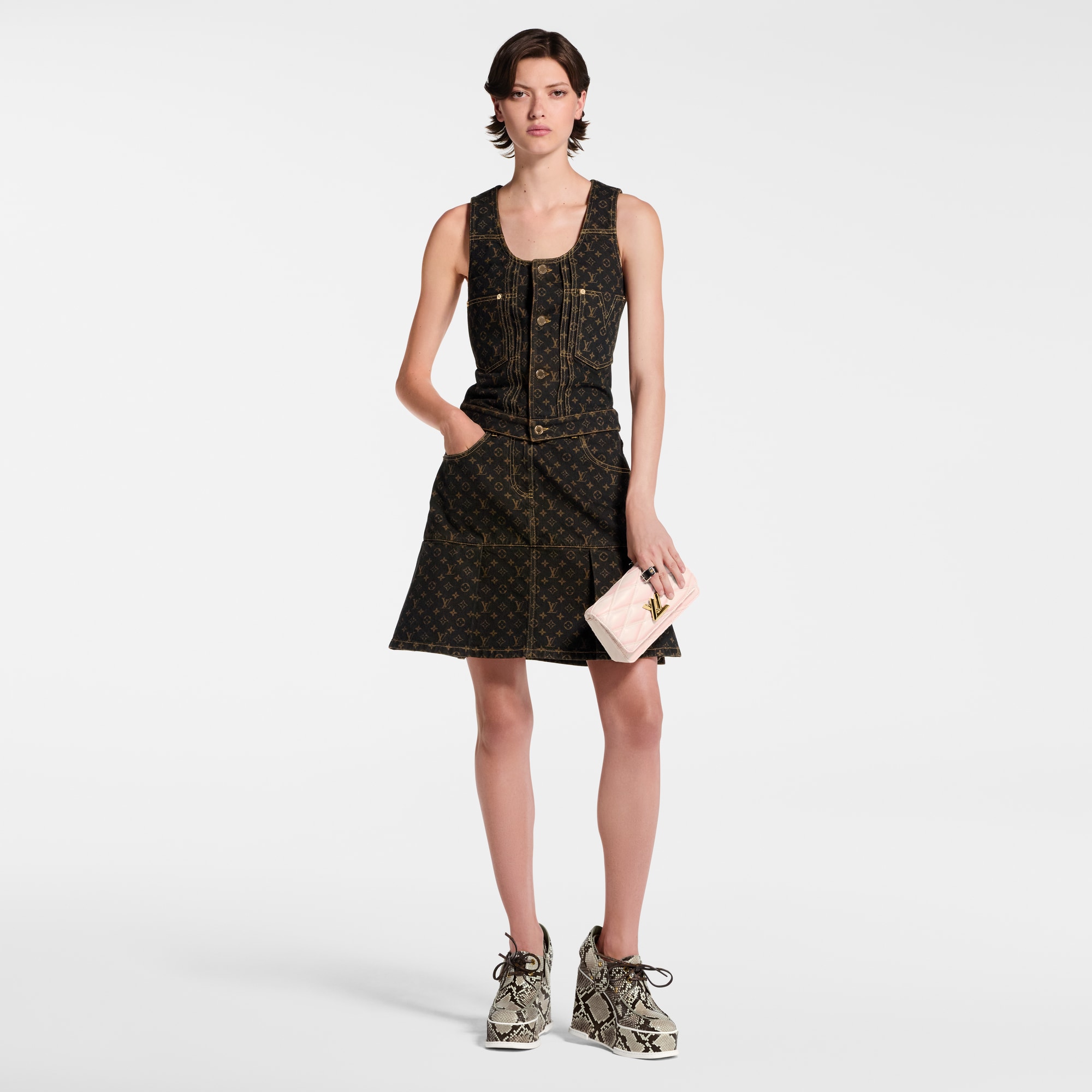 Monogram Denim Pleat Skirt  in Women