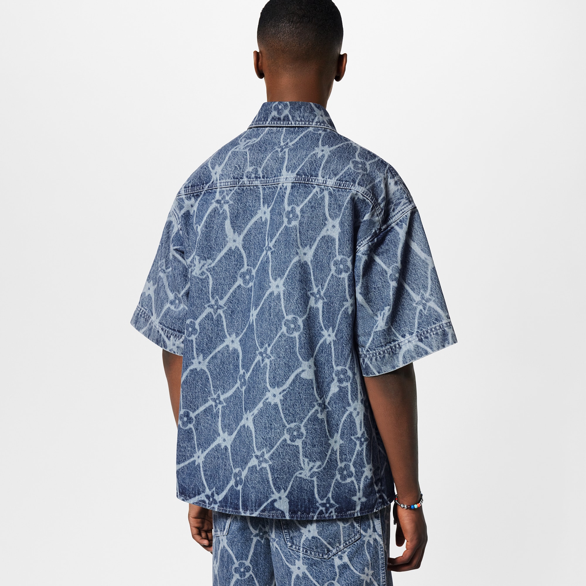 Monogram Printed Short-Sleeved Denim Shirt  in Men