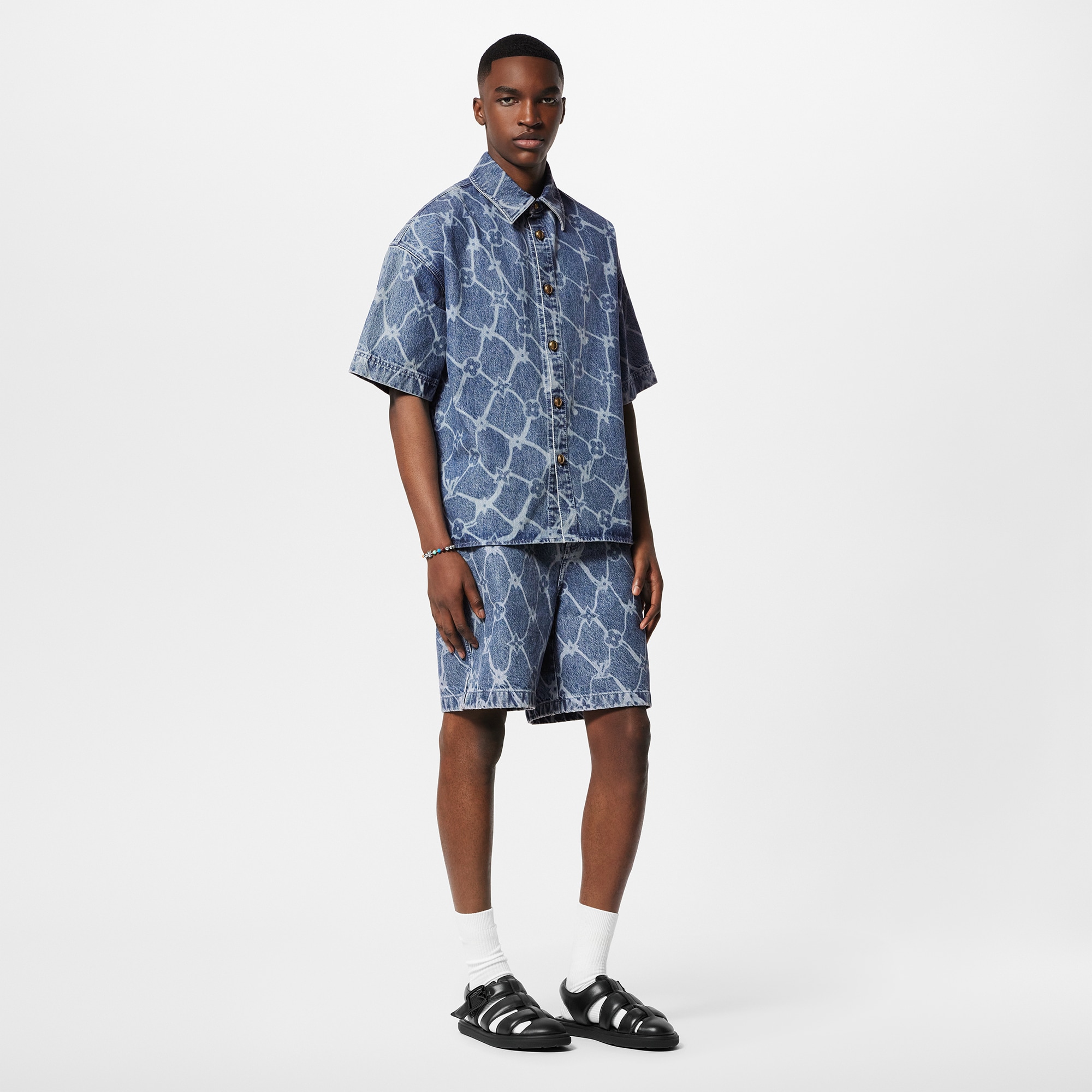 Monogram Printed Short-Sleeved Denim Shirt  in Men