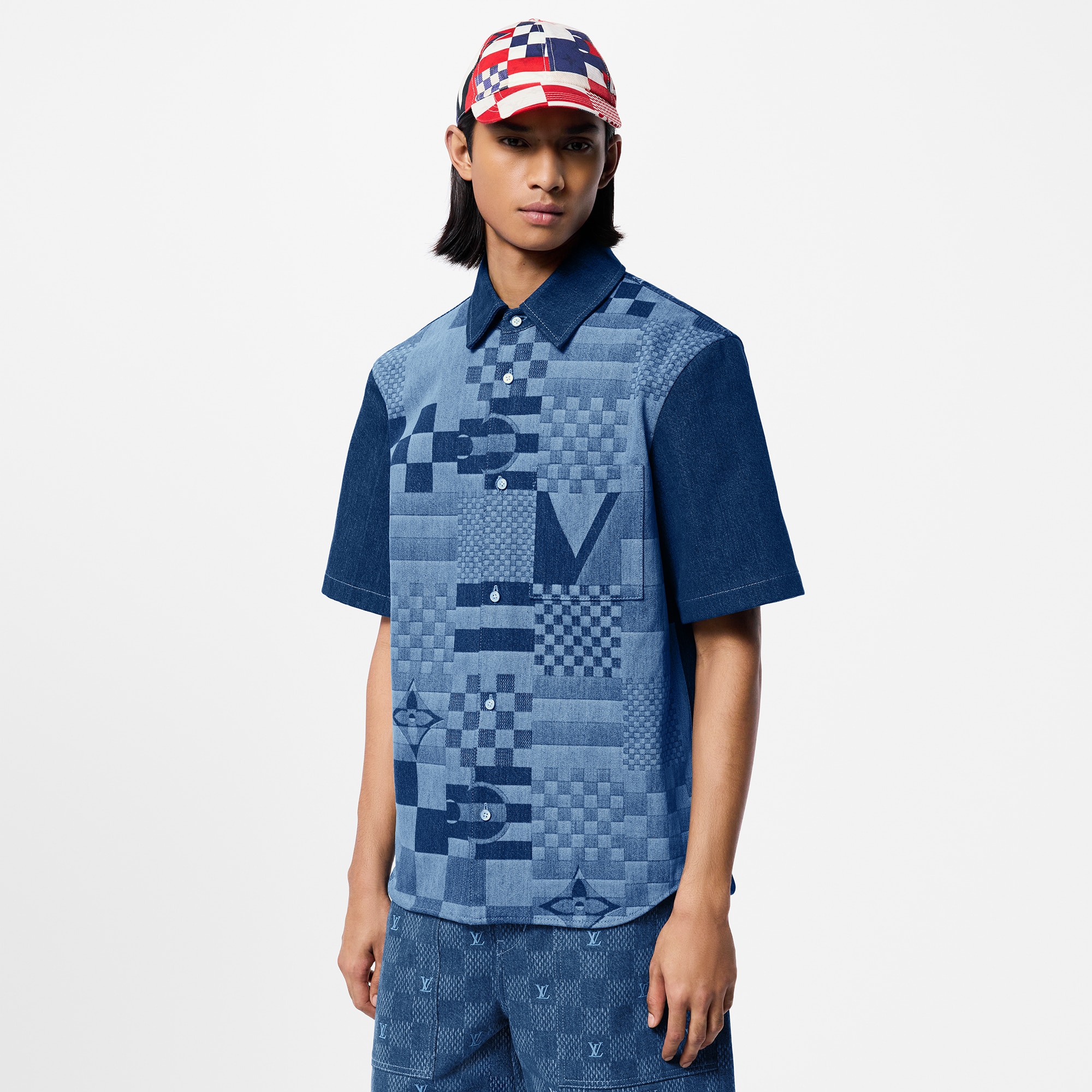 Printed Short-Sleeved Denim Shirt  in Men