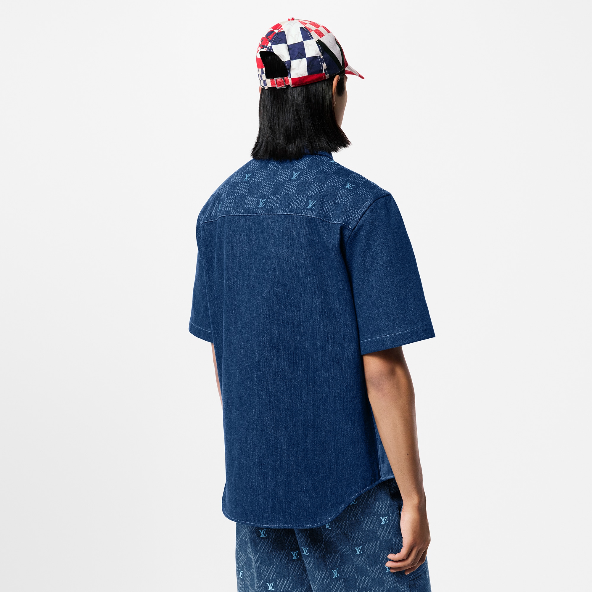 Printed Short-Sleeved Denim Shirt  in Men