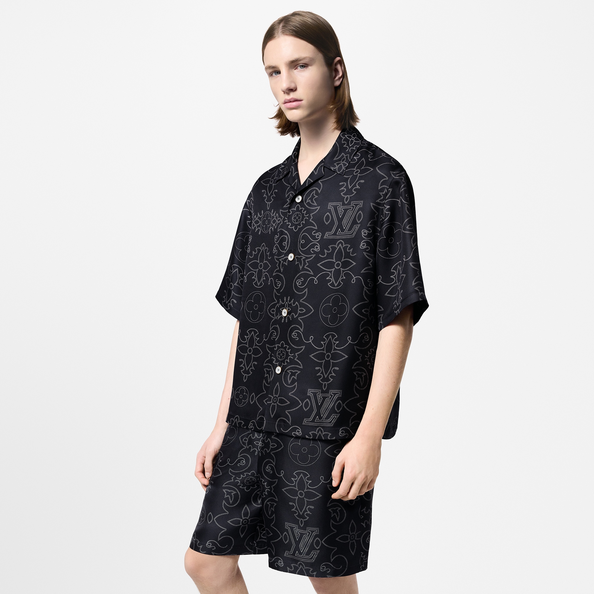 Printed Short-Sleeved Silk Shirt  in Men